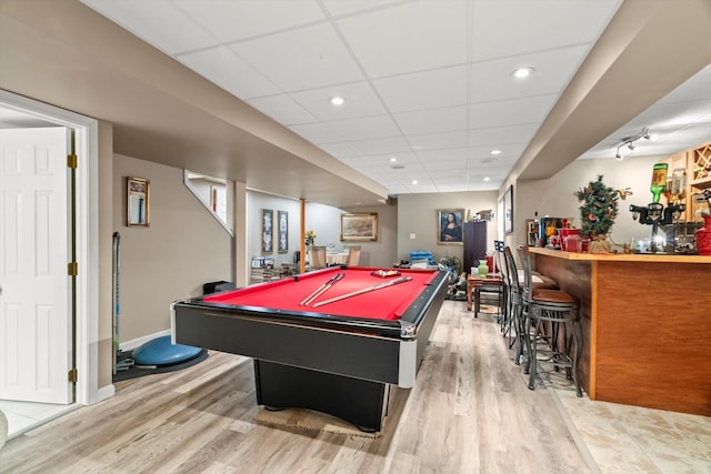 24117 Nottingham Ave, Plainfield, IL 60585 - playroom with billiards, light wood finished floors, a drop ceiling, and a dry bar