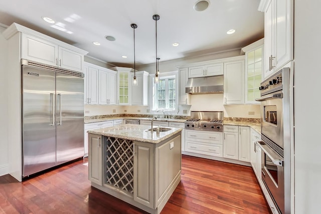 kitchen with appliances with stainless steel finishes, under cabinet range hood, a kitchen island with sink, glass insert cabinets, and light stone countertops