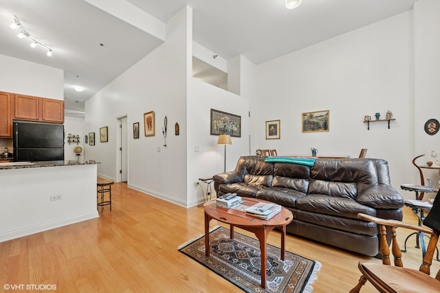 living room with baseboards, light wood-type flooring, and a towering ceiling
