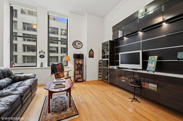 living area featuring baseboards and wood finished floors