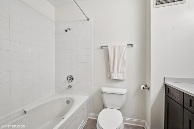 bathroom featuring toilet,  shower combination, visible vents, baseboards, and vanity