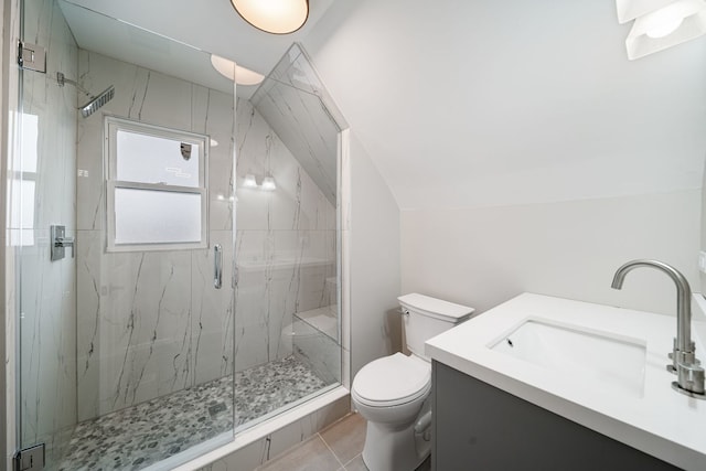 4616 N Kostner Ave, Chicago, IL 60630 - full bathroom with toilet, vanity, vaulted ceiling, a marble finish shower, and tile patterned flooring