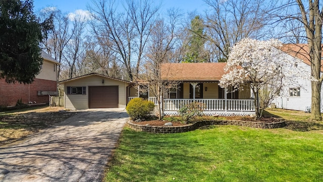 7730 Virginia Ct, Willowbrook, IL 60527 - ranch-style house with roof with shingles, driveway, an attached garage, a front lawn, and covered porch