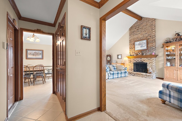 corridor featuring light tile patterned flooring, baseboards, light carpet, and an inviting chandelier