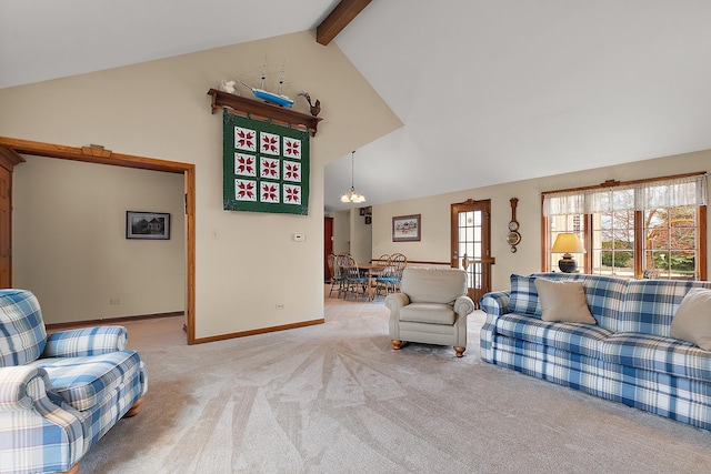 living room featuring light carpet, baseboards, an inviting chandelier, beamed ceiling, and high vaulted ceiling