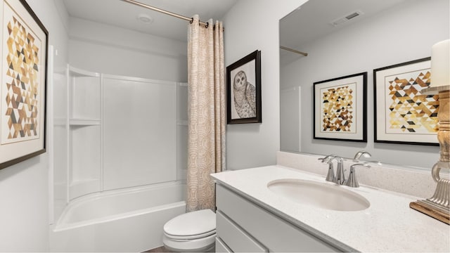 12117 Kelsey Dr, Huntley, IL 60142 - full bathroom with shower / bath combo, vanity, visible vents, and toilet