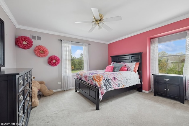 bedroom with crown molding, baseboards, light colored carpet, and visible vents
