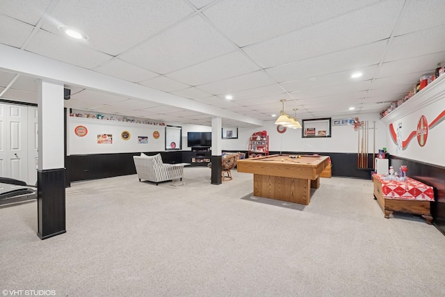 game room with recessed lighting, carpet flooring, a drop ceiling, and pool table