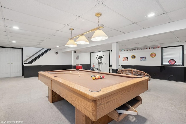 rec room featuring pool table, light colored carpet, and a paneled ceiling