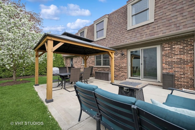 view of patio / terrace with a gazebo, outdoor lounge area, and outdoor dining space