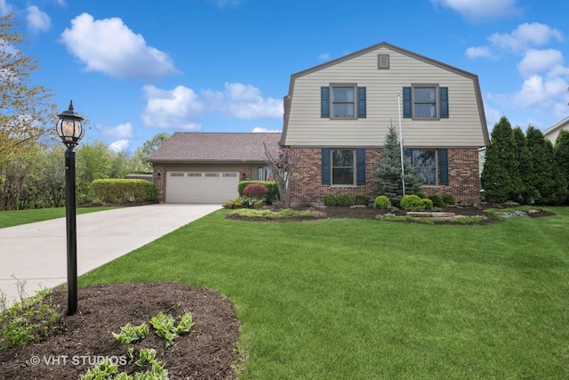 view of front of house featuring brick siding, a front lawn, an attached garage, and concrete driveway