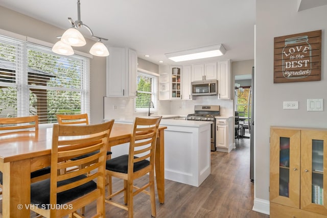 kitchen with appliances with stainless steel finishes, light countertops, white cabinetry, backsplash, and glass insert cabinets