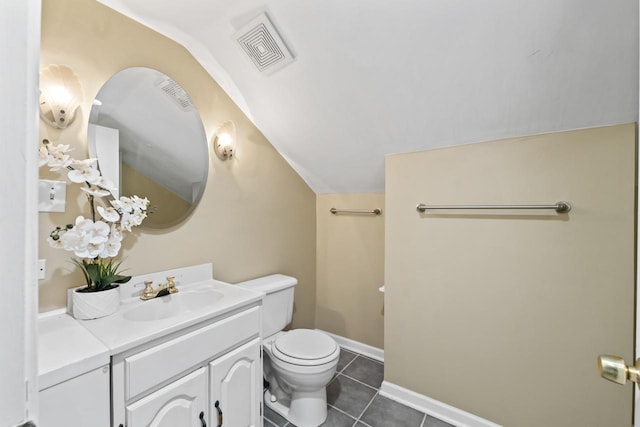 bathroom with vanity, vaulted ceiling, tile patterned flooring, toilet, and visible vents