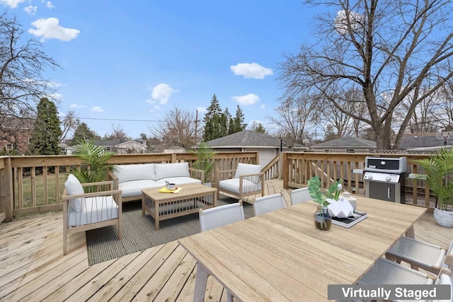 deck featuring grilling area, an outdoor living space, and outdoor dining space