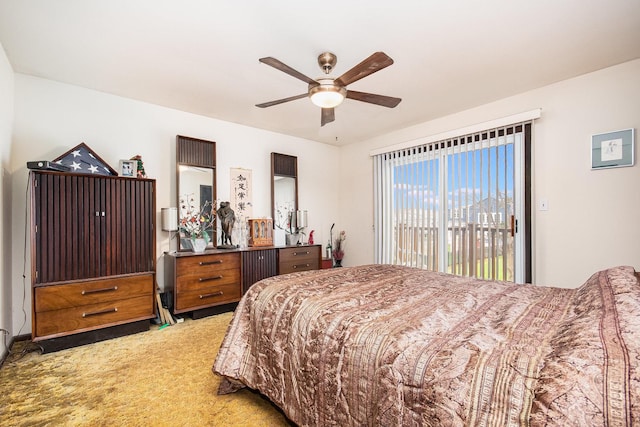 bedroom with light carpet, ceiling fan, and access to exterior