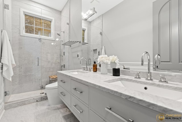 816 W Lill Ave, Chicago, IL 60614 - bathroom with toilet, double vanity, a stall shower, and marble finish flooring