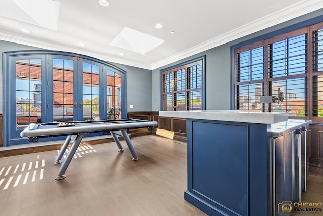 816 W Lill Ave, Chicago, IL 60614 - rec room with a skylight, ornamental molding, wood finished floors, wainscoting, and plenty of natural light