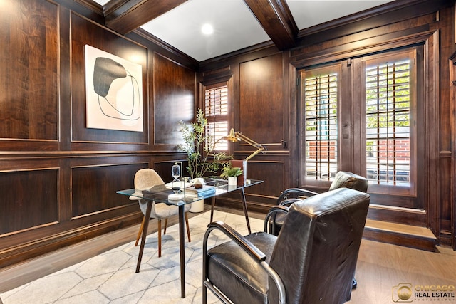 816 W Lill Ave, Chicago, IL 60614 - office featuring light wood finished floors, beamed ceiling, healthy amount of natural light, a decorative wall, and ornamental molding