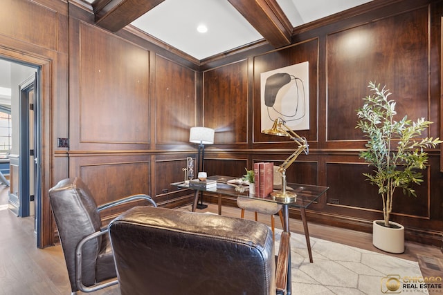816 W Lill Ave, Chicago, IL 60614 - office space with light wood-type flooring, beam ceiling, coffered ceiling, and a decorative wall