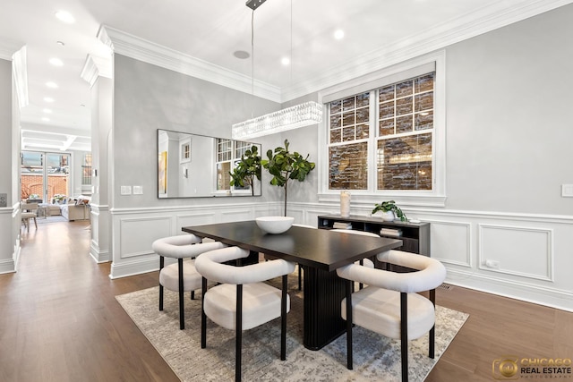816 W Lill Ave, Chicago, IL 60614 - dining room with a decorative wall, dark wood finished floors, ornamental molding, and recessed lighting