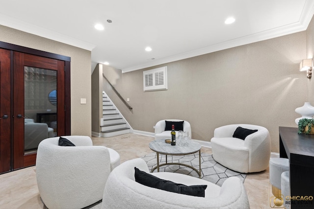 816 W Lill Ave, Chicago, IL 60614 - living area featuring crown molding, stairs, recessed lighting, and baseboards