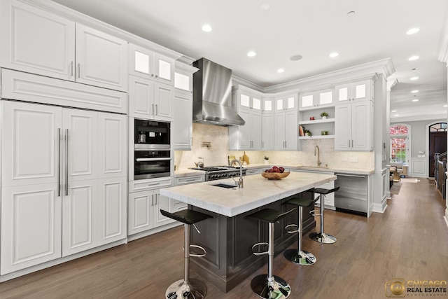 816 W Lill Ave, Chicago, IL 60614 - kitchen featuring wall chimney exhaust hood, appliances with stainless steel finishes, dark wood-style floors, a sink, and tasteful backsplash