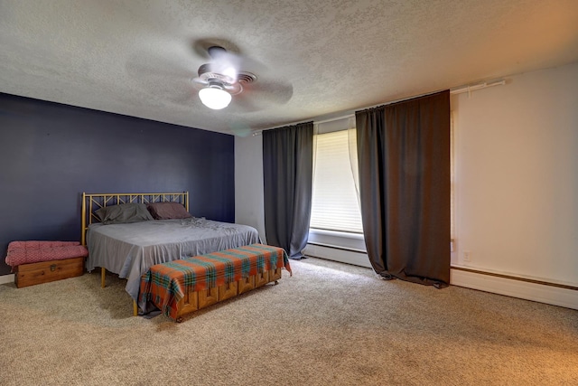 bedroom featuring baseboard heating, ceiling fan, carpet flooring, and a textured ceiling