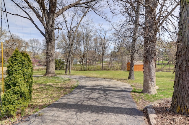 view of community featuring driveway, an outdoor structure, and a yard
