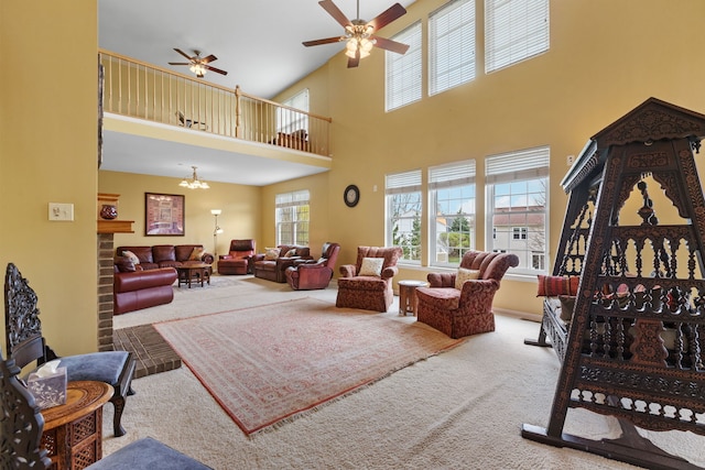 1289 Mallard Ln, Hoffman Estates, IL 60192 - carpeted living area with ceiling fan with notable chandelier and a towering ceiling