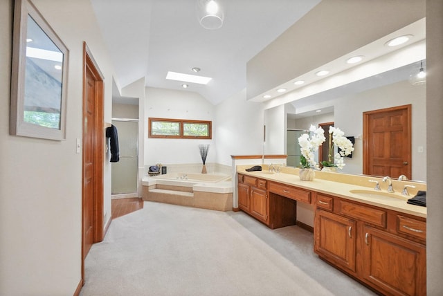 2756 Fox River Ln, Naperville, IL 60565 - full bath featuring a skylight, a stall shower, a bath, vaulted ceiling, and double vanity