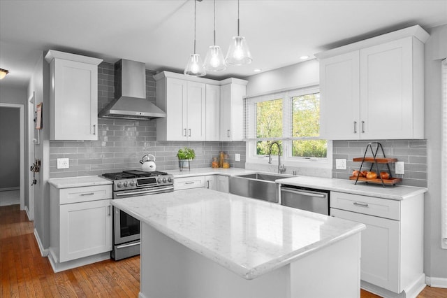 kitchen featuring wall chimney range hood, appliances with stainless steel finishes, a sink, and hardwood / wood-style floors