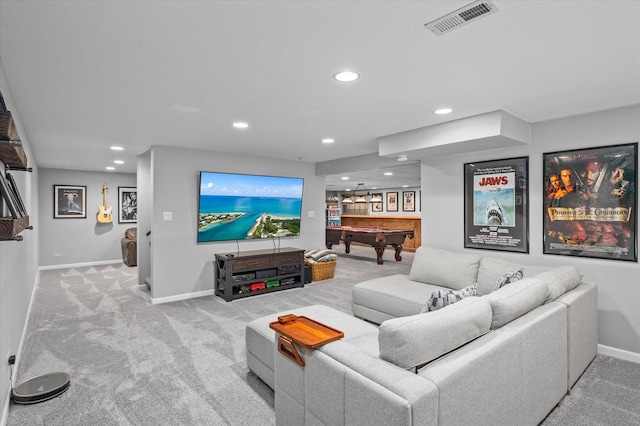 carpeted living area with billiards, baseboards, recessed lighting, and visible vents