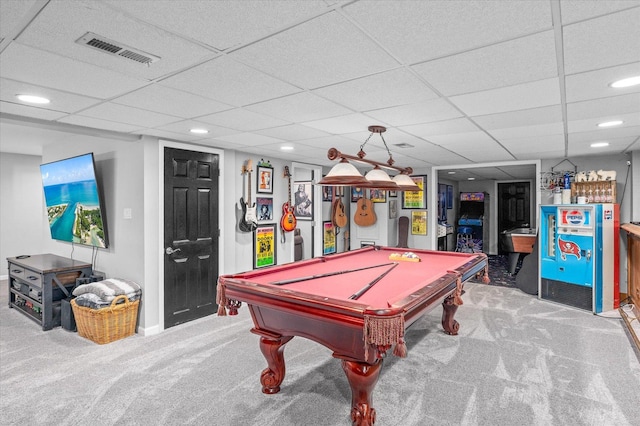 rec room featuring carpet floors, recessed lighting, pool table, baseboards, and visible vents
