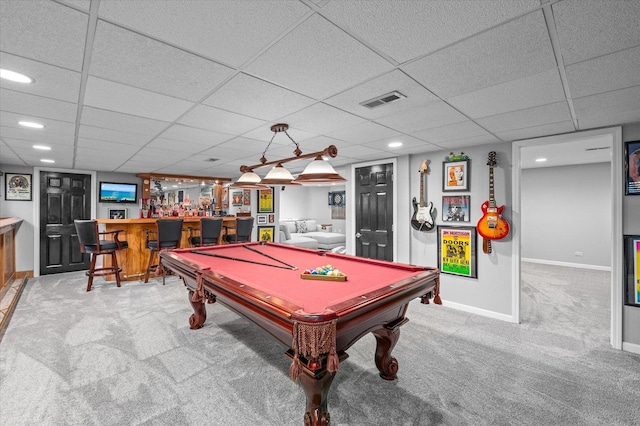 recreation room with bar, carpet floors, pool table, baseboards, and visible vents