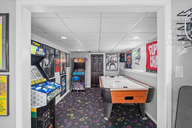 game room featuring baseboards, carpet flooring, a paneled ceiling, and recessed lighting