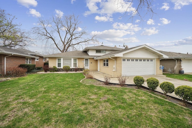 view of front of property with concrete driveway, a shingled roof, an attached garage, a front yard, and brick siding