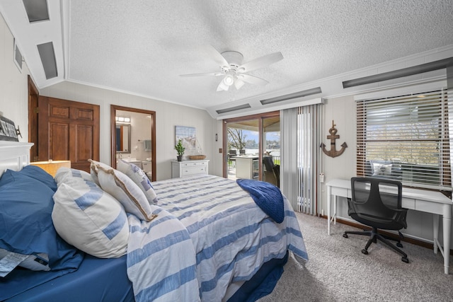 bedroom featuring multiple windows, carpet, access to exterior, and crown molding