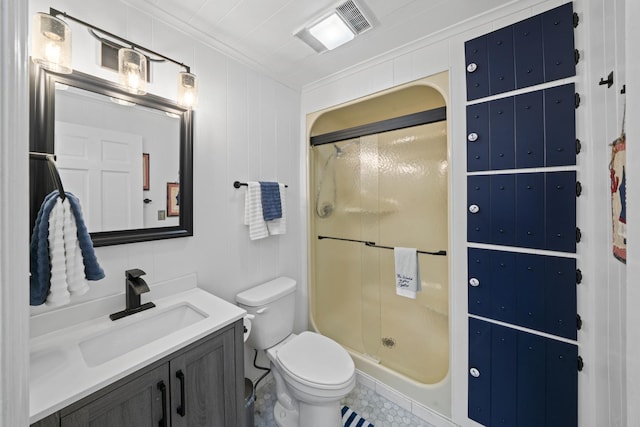 full bathroom with toilet, a stall shower, visible vents, vanity, and ornamental molding