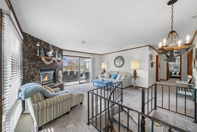 living room with a fireplace, a textured ceiling, and a notable chandelier