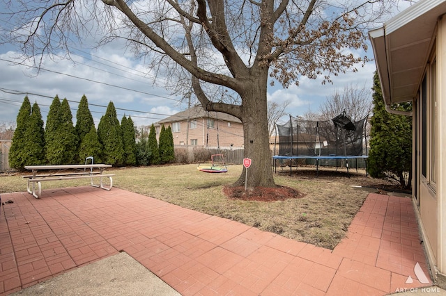 view of patio featuring fence and a trampoline