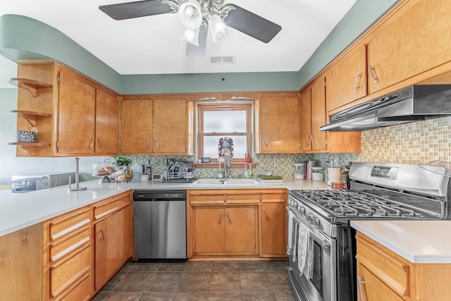 5626 S Nashville Ave, Chicago, IL 60638 - kitchen with visible vents, open shelves, a sink, appliances with stainless steel finishes, and under cabinet range hood