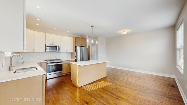 kitchen with a sink, wood finished floors, and stainless steel appliances