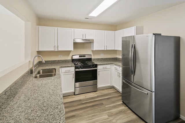 924 Symphony Dr Unit 7036, Aurora, IL 60504 - kitchen with under cabinet range hood, a sink, stone counters, appliances with stainless steel finishes, and white cabinetry