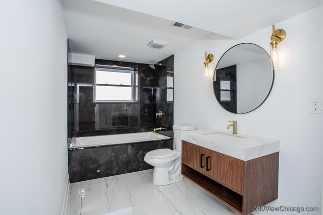 full bathroom featuring marble finish floor, toilet, a combined bath / shower with marble appearance, and visible vents