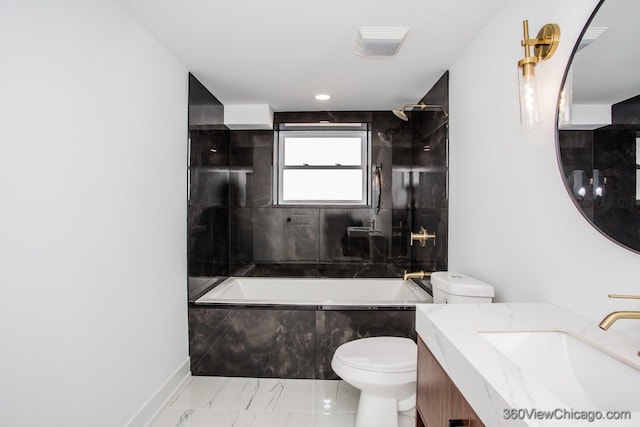 bathroom with marble finish floor, vanity,  shower combination, and toilet