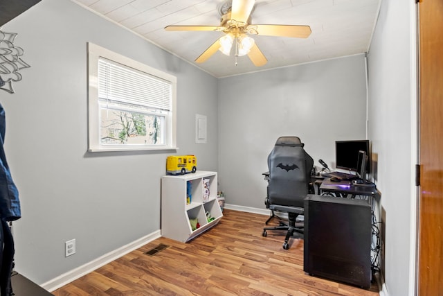 26 S Victoria Ln, Streamwood, IL 60107 - office featuring crown molding, wood finished floors, ceiling fan, baseboards, and visible vents