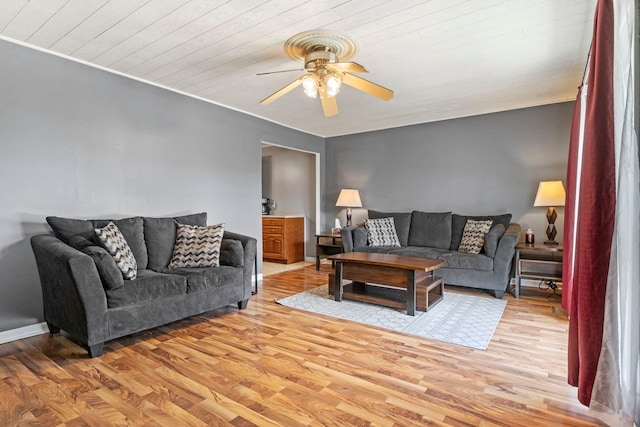 26 S Victoria Ln, Streamwood, IL 60107 - living room with light wood-style flooring, a ceiling fan, wood ceiling, and ornamental molding