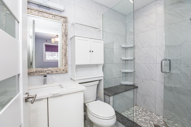 455 W 38th St, Chicago, IL 60609 - bathroom featuring vanity, toilet, tile walls, and a stall shower