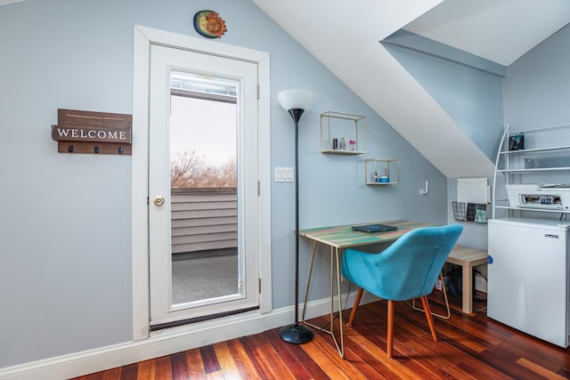 455 W 38th St, Chicago, IL 60609 - office area with baseboards, wood finished floors, and lofted ceiling