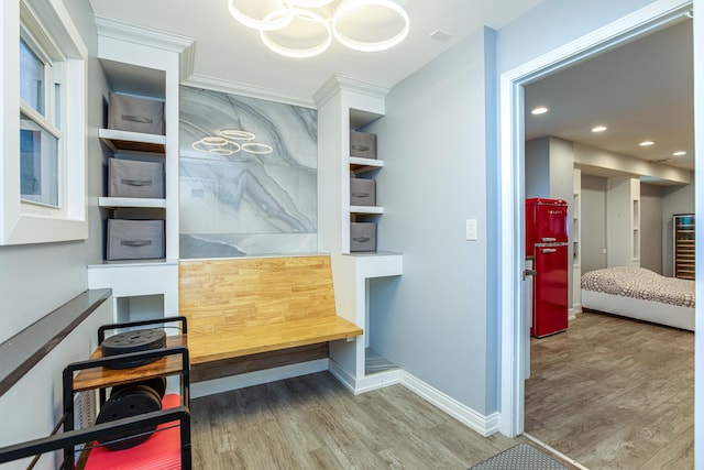 455 W 38th St, Chicago, IL 60609 - mudroom with baseboards, recessed lighting, wood finished floors, and a notable chandelier